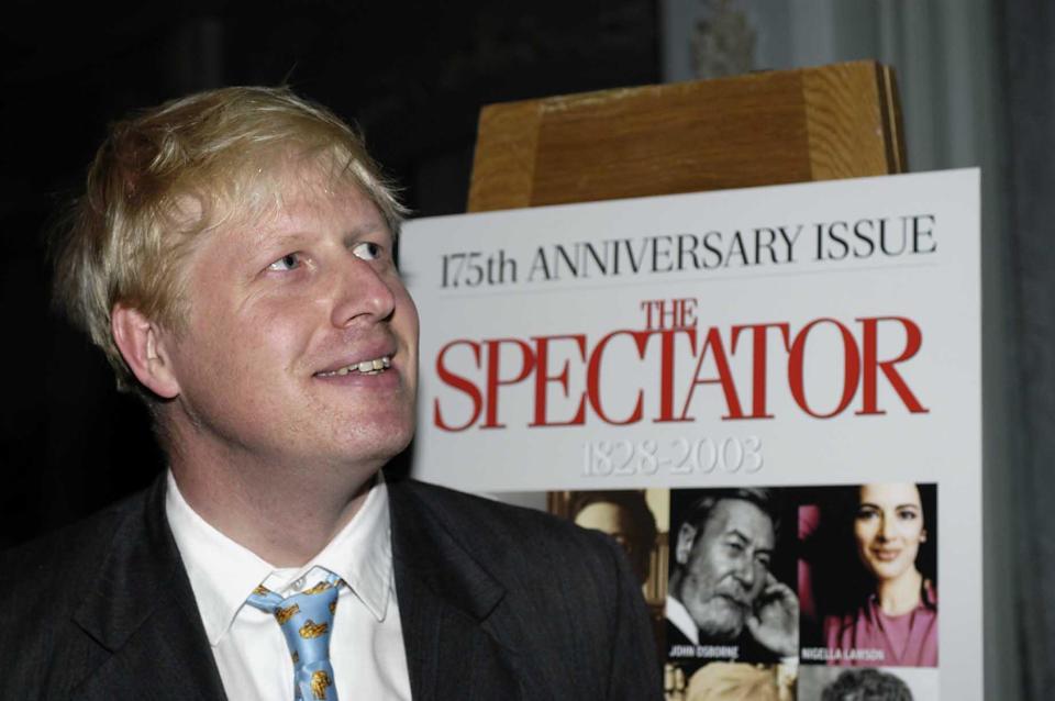 Boris Johnson, Conservative MP and editor of The Spectator magazine, at a party to mark The Spectator's 175th anniversary, at the Four Seasons Hotel, Park Lane, London. Among those also in attendance at the party were Home Secretary David Blunkett, broadcasters David Dimbleby and Andrew Neil, and Ulster Unionist leader David Trimble.  16/10/2004  The Spectator editor Johnson, has been ordered by Tory leader Michael Howard to go to Liverpool to apologise for an article in his magazine accusing its people of 'wallowing' in their 'victim status'. Mr Johnson, who is also the Conservative shadow minister for the arts, said he would be travelling to the city next week in a 'spirit of complete humility' to apologise in person for the offence caused.