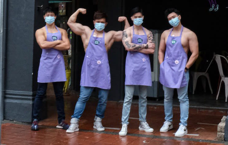 Mr Mookata restaurant in Singapore collaborated with Asia Farm Beverages to hire four handsome, muscular, shirtless guys to serve drinks to diners on 8 January and 15 January 2022. (Photo: Mr Mookata)
