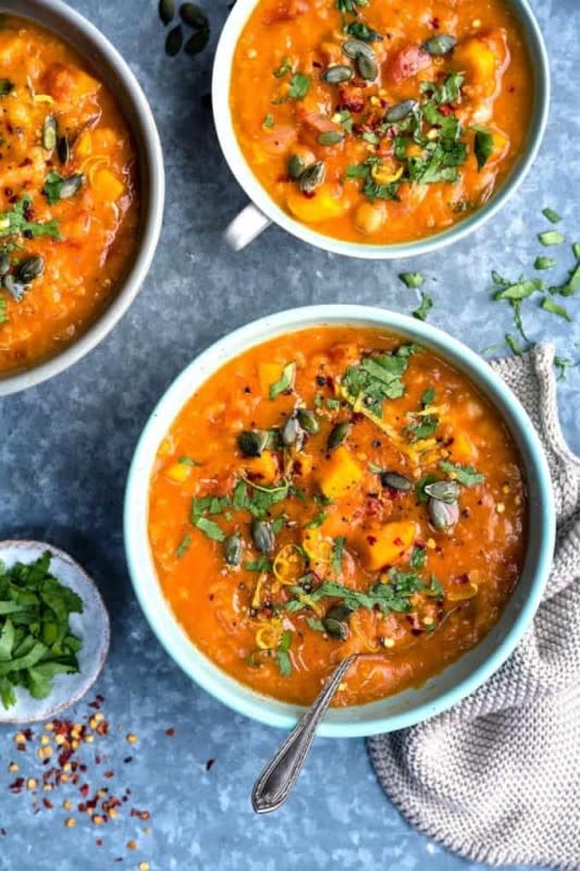 <p>This hearty and delicious sweet potato, chickpea and red lentil soup ticks all the boxes: healthy, vegan and gluten-free. Quick to make it in your Instant Pot or stove.</p><p><strong>Get the recipe: <a href="https://www.supergoldenbakes.com/pressure-cooker-sweet-potato-chickpea-red-lentil-soup/" rel="nofollow noopener" target="_blank" data-ylk="slk:Pressure Cooker Sweet Potato Chickpea Red Lentil Soup;elm:context_link;itc:0;sec:content-canvas" class="link ">Pressure Cooker Sweet Potato Chickpea Red Lentil Soup</a></strong></p>