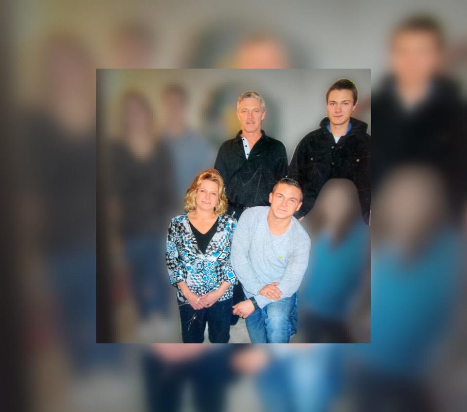 Pictured here are the four people who died in a murder-suicide on March 26 on a farm near Neudorf, Sask: Joanne Bender, front left, Andrew Bender, front right, Gary Bender, back left, and Cory Bender, back right. (Joanne Bender/Facebook - image credit)