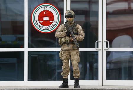 A Turkish soldier stands guard outside the Silivri prison complex where German-Turkish journalist Deniz Yucel released near Istanbul, Turkey, February 16, 2018. REUTERS/Osman Orsal