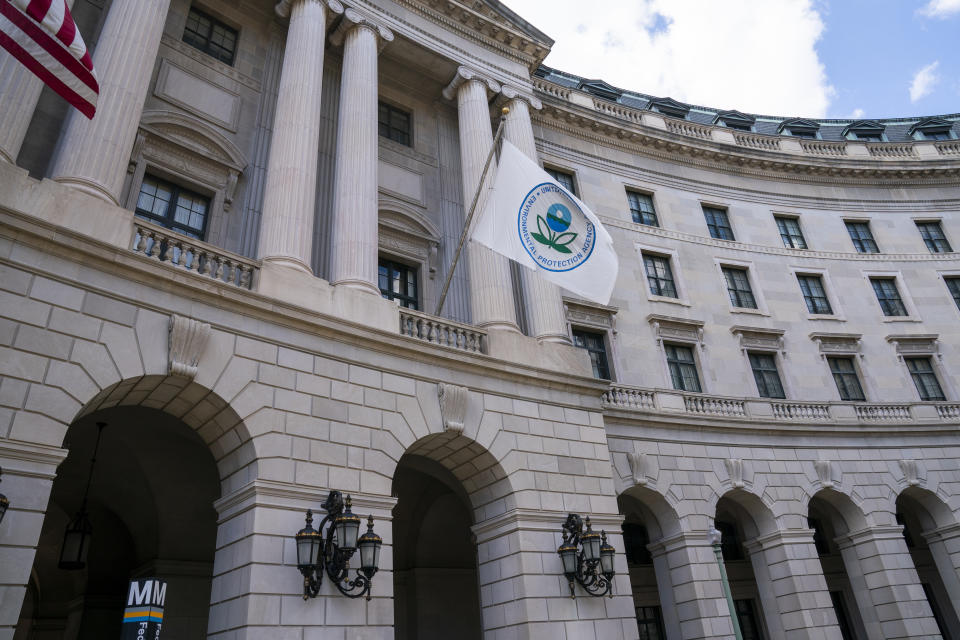 The headquarters of the Environmental Protection Agency in Washington as President Donald Trump announces that his administration is revoking California's authority to set auto mileage standards stricter than those issued by federal regulators, Wednesday, Sept. 18, 2019. Critics say the move would result in less fuel efficient cars that create more planet-warming pollution. (AP Photo/J. Scott Applewhite)