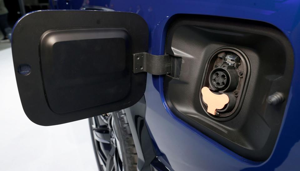 The electric plug-in in the driver's rear of the 2024 Chevrolet Silverado EV RST is on display at Stage 3 in Warren on Dec. 21, 2021.
The RST model of the all-electric pickup truck will be available in the Fall of 2023 fully loaded for $105,000 with an estimated range of 400 miles on a full charge.