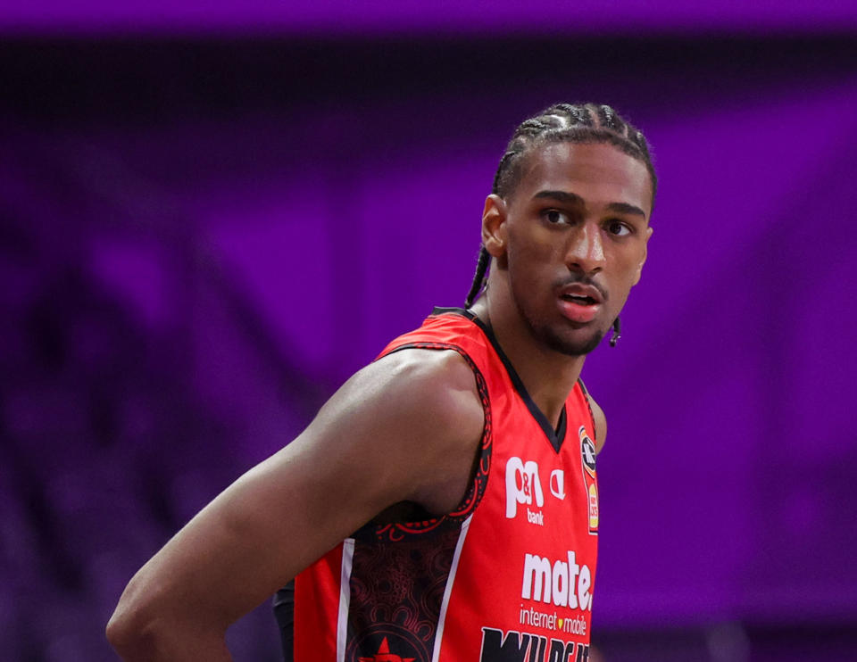 Perth's Alex Sarr made a big impression on NBA scouts during two exhibitions games against the G League Ignite this week. (Ethan Miller/Getty Images)