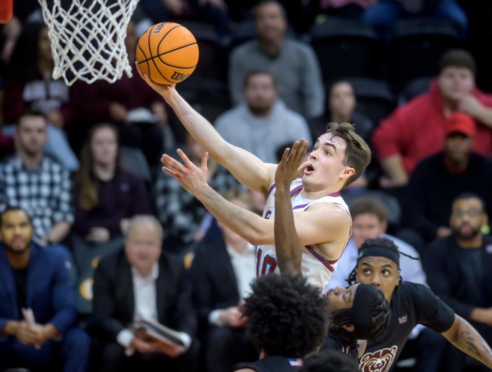Bradley's Connor Hickman moves to the basket against the Missouri State defense in the first half of their Missouri Valley Conference basketball game Saturday, Jan. 6, 2024 at Carver Arena in Peoria. The Braves defeated the Bears 86-60.