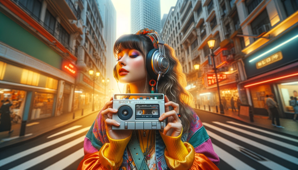 AI-generated image of a girl listening to music on a Walkman