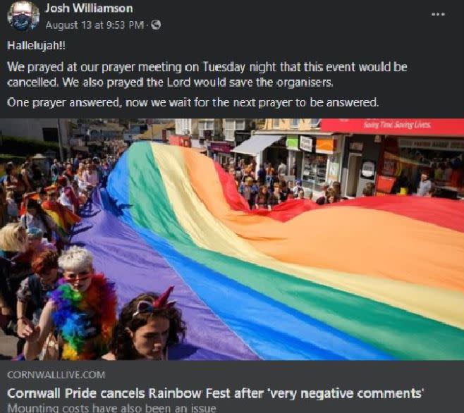 Mr Williamson sparked anger when he shared a local news article about the pride event being cancelled (Picture: Facebook)