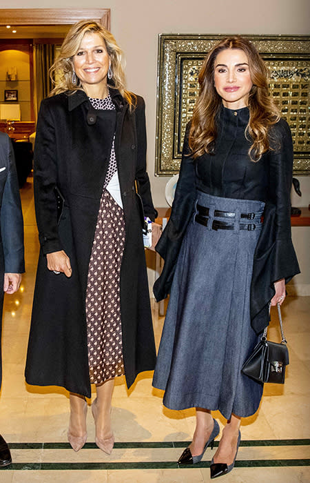 Queen Rania of Jordan is undoubtedly one of the world's most stylish royal ladies. She's got the lot – model looks, fab fashion sense and that knack of dressing perfectly for every situation. Oh, and it helps to have access to the most stunning designer clothes too. We're not jealous at all. Now, as the Jordan monarch celebrates 20 years on the throne, we decided to pay homage to the elegant royal with a collection of her best outfits since 1999, and there have been A LOT. Sit back and be inspired by Queen Rania's past and present ensembles…That denim skirtRania wore the most divine three-quarter length denim skirt in February 2019, for an engagement with Queen Maxima of the Netherlands. We loved her double belt feature and matching stilettos.