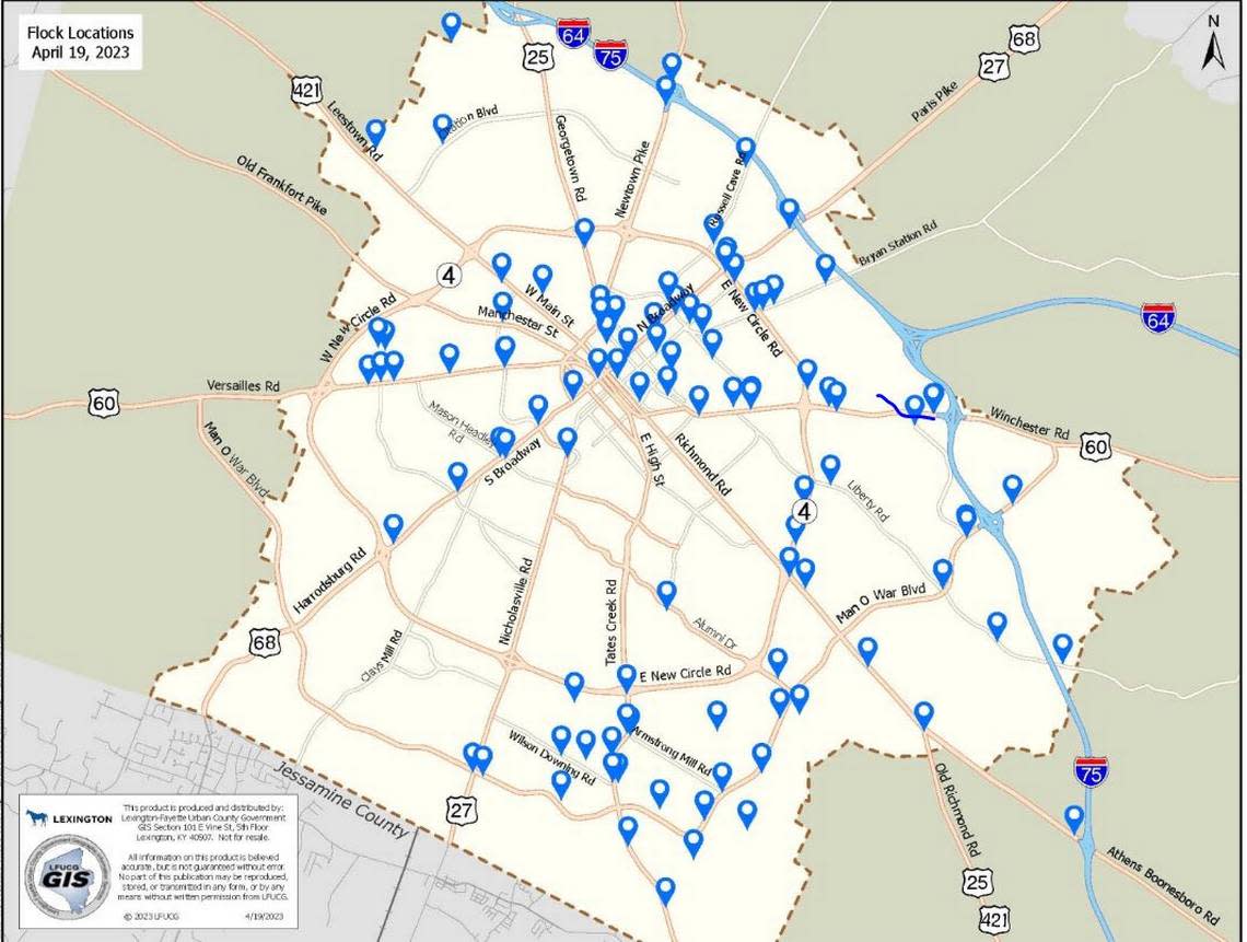 Lexington Police Department has 100 Flock license plate reader cameras throughout Lexington. Here’s the locations of those cameras as of April 2023.