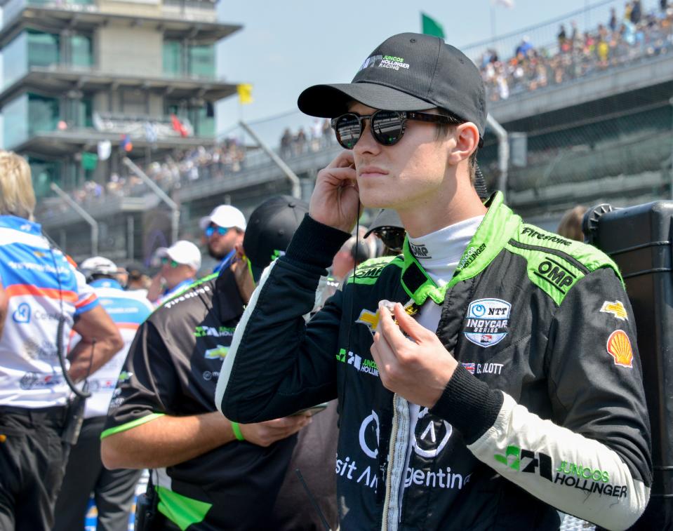 Juncos Hollinger Racing driver Callum Ilott (77) prepares to get in his car Saturday, May 20, 2023, during first day of qualifying ahead of the 107th running of the Indianapolis 500 at Indianapolis Motor Speedway. 