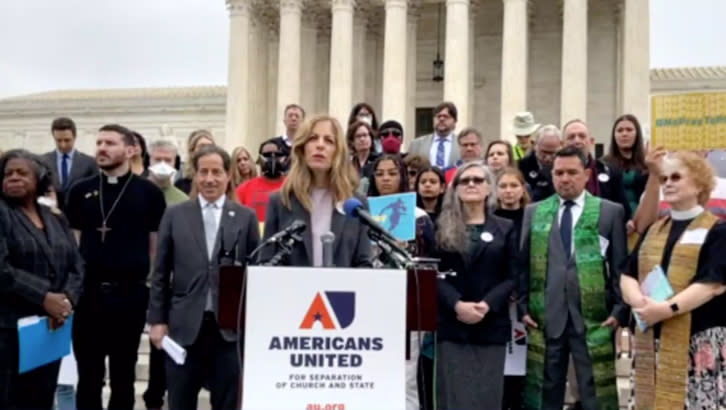 Rachel Laser, president and CEO of Americans United for Separation of Church and State, led a press conference following Monday’s oral arguments in <em>Kennedy v. Bremerton</em>. <br>(Americans United for Separation of Church and State via @AmericansUnited)