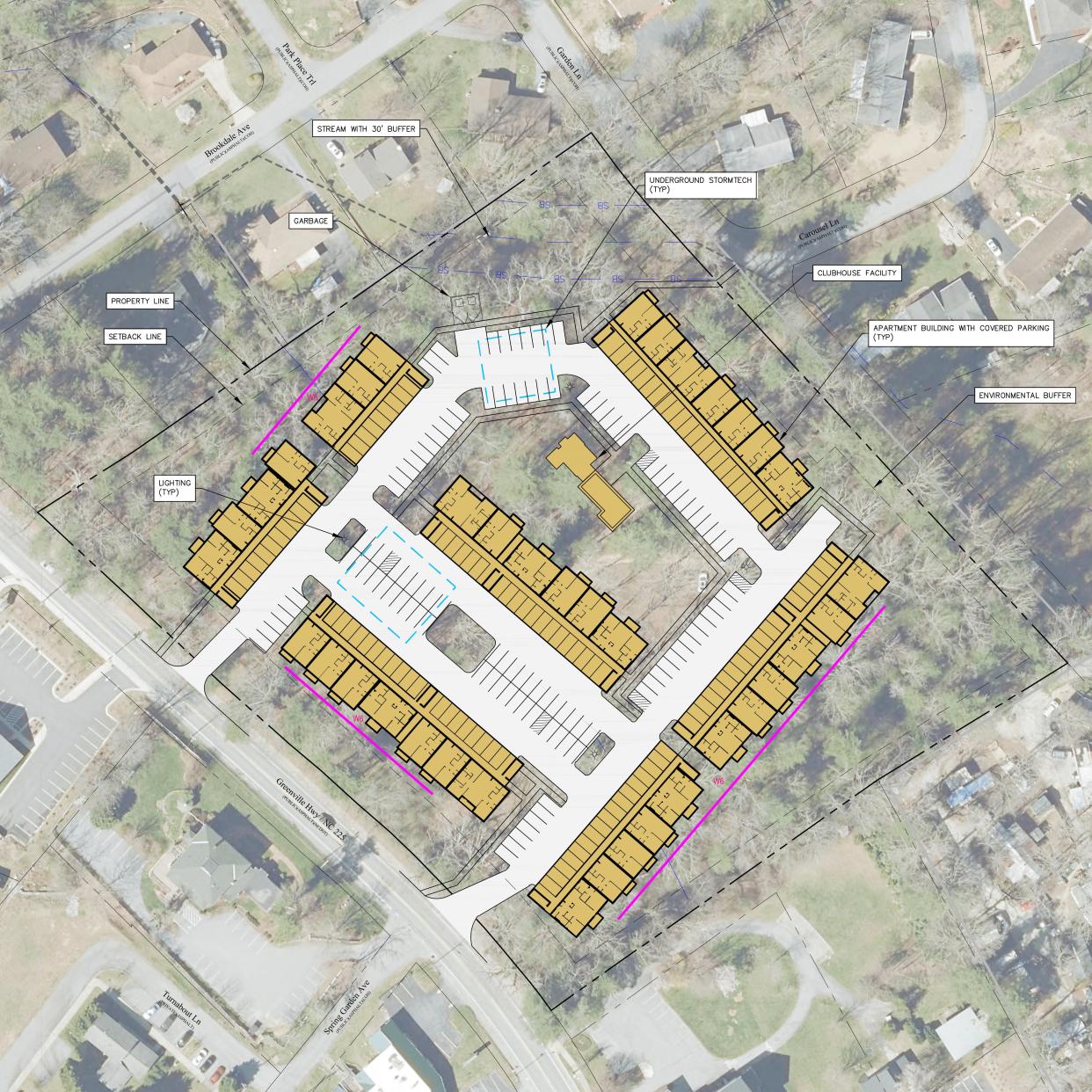 Conceptual site plans for an 185-unit apartment complex at 1202 Greenville Highway, Hendersonville, designed by Asheville-based Civil Design Concepts.