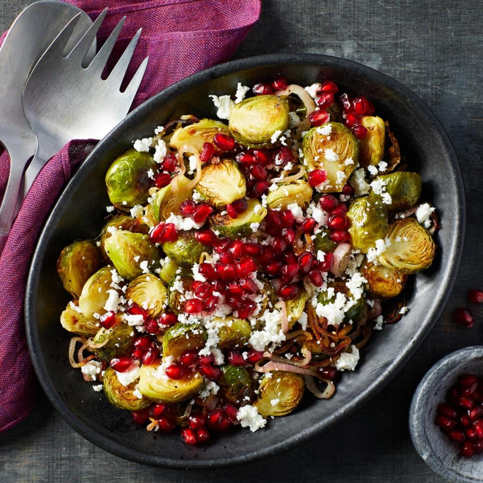 Roasted Brussels Sprouts with Goat Cheese & Pomegranate