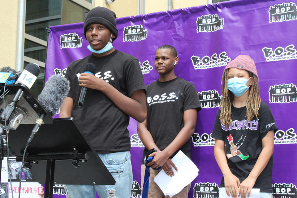 Student activists with the Oakland-based Black Organizing Project speak at a 2020 press conference to announce a resolution to eliminate the school district police department. (Photo courtesy Black Organizing Project)