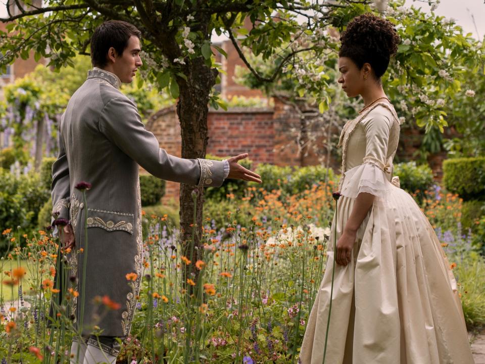 Corey Mylchreest as Young King George, India Amarteifio as Young Queen Charlotte in episode one of "Queen Charlotte: A Bridgerton Story."