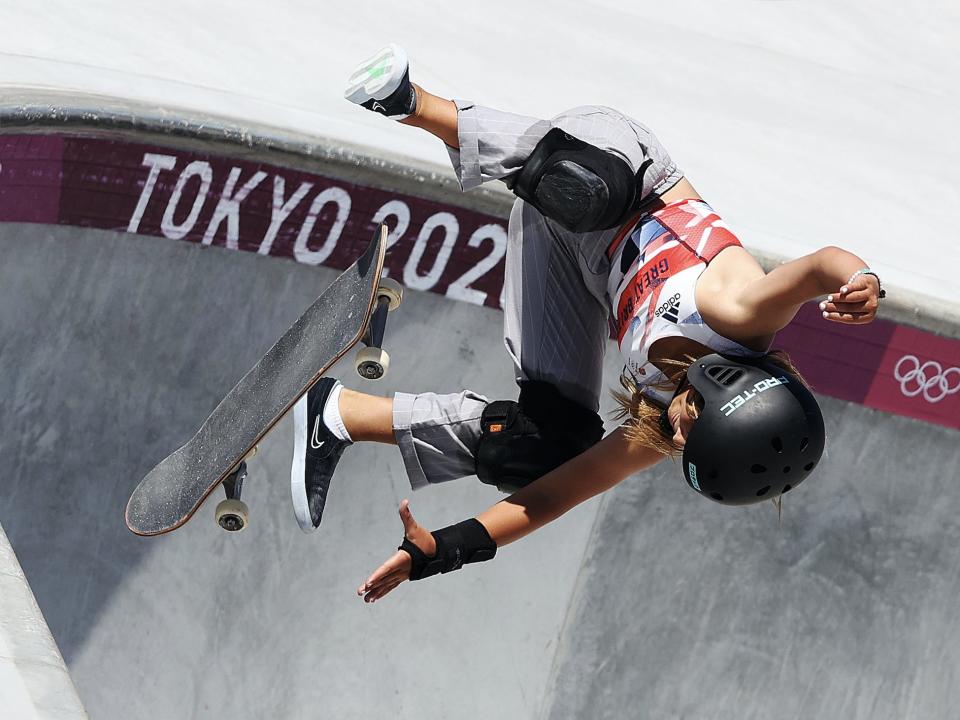 Sky Brown gets air at the Tokyo Olympics.