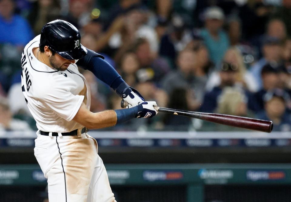 Detroit Tigers' Matt Vierling hits a solo home run against the Chicago White Sox during the seventh inning at Comerica Park in Detroit on Saturday, Sept. 9, 2023.