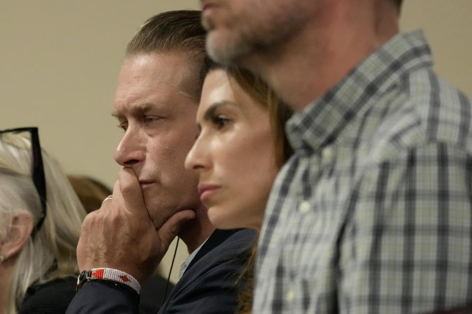 Actor Stephen Baldwin and Hilaria Baldwin, wife of Alec Baldwin, listen during actor Alec Baldwin's hearing in Santa Fe County District Court, Wednesday, July 10, 2024, in Santa Fe, N.M. Baldwin is facing a single charge of involuntary manslaughter in the death of a cinematographer. (AP Photo/Ross D. Franklin, Pool)