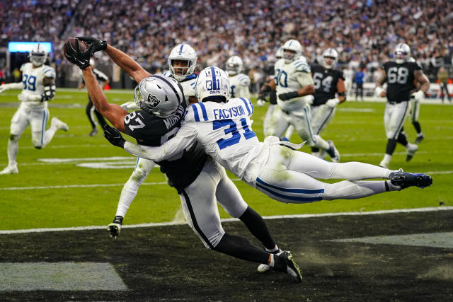 Las Vegas Raiders cornerback Rock Ya-Sin (26) leaves the field against the  Indianapolis Colts during the first half of an NFL football game, Sunday,  Nov 13, 2022, in Las Vegas. (AP Photo/Rick