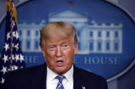 President Donald Trump speaks about the coronavirus in the James Brady Briefing Room, Monday, March 23, 2020, in Washington. (AP Photo/Alex Brandon)