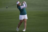 Apr 1, 2018; Rancho Mirage, CA, USA; Inbee Park watches her shot on the 18th hole during the playoff during the final round of the ANA Inspiration women's golf tournament at Mission Hills CC - Dinah Shore Tournament Course. Kelvin Kuo-USA TODAY Sports