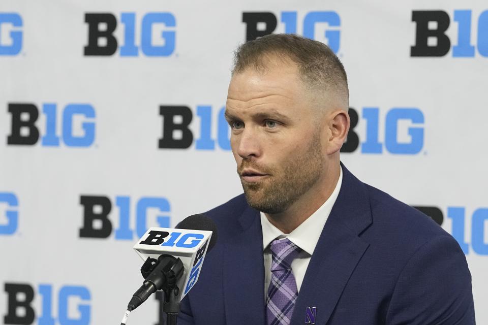 Northwestern interim head coach David Braun speaks during an NCAA college football news conference at the Big Ten Conference media days at Lucas Oil Stadium, Wednesday, July 26, 2023, in Indianapolis. (AP Photo/Darron Cummings)