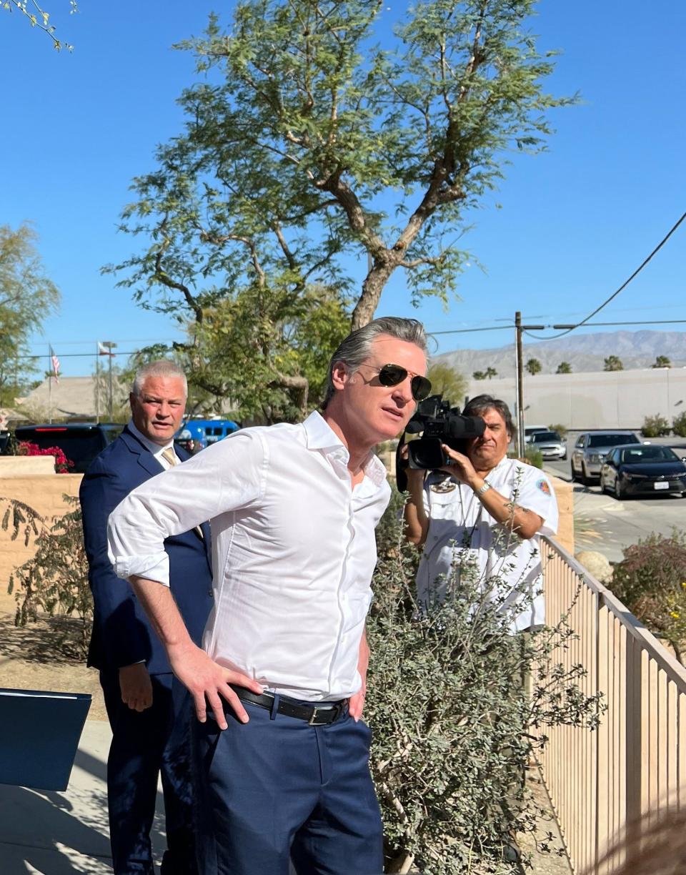 California Gov. Gavin Newsom looks at land where ABC Recovery Center in Indio could expand in the future during his tour of the facility March 1, 2024.