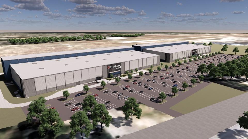A rendering shows what ST Engineering Hangars 3 and 4 may look like at the Pensacola International Airport.