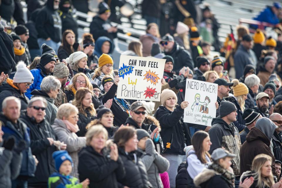 Fans cheer on Lena-Winslows football team in the IHSA State championship game on Friday, Nov. 25, 2022, at University of Illinois in Champaign.