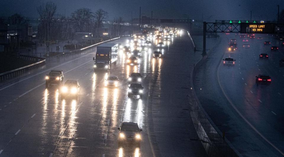 PHOTO: Cars drive through heavy rain and wind as they approach Tarrytown from the Gov. Mario M. Cuomo Bridge, Dec. 18, 2023. (Seth Harrison/The Journal News/USA Today Network)