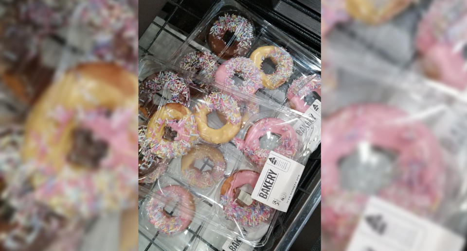 The Coles shopper's photo of the donuts in clear packaging on the shelf on Tuesday. 