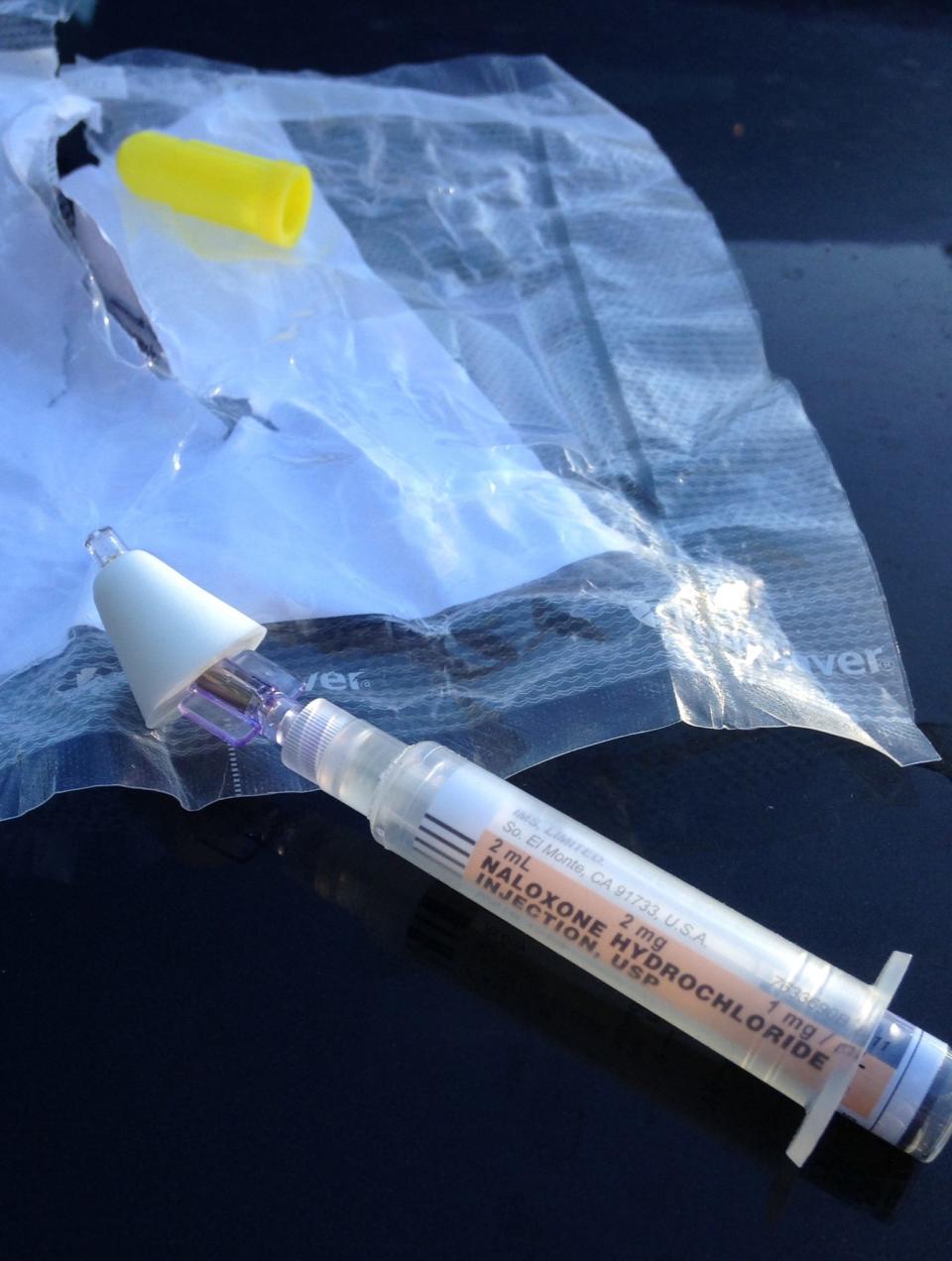 A naloxone kit, used by the Ramapo Police Department, to revive a person who has overdosed on heroin or other opioids.