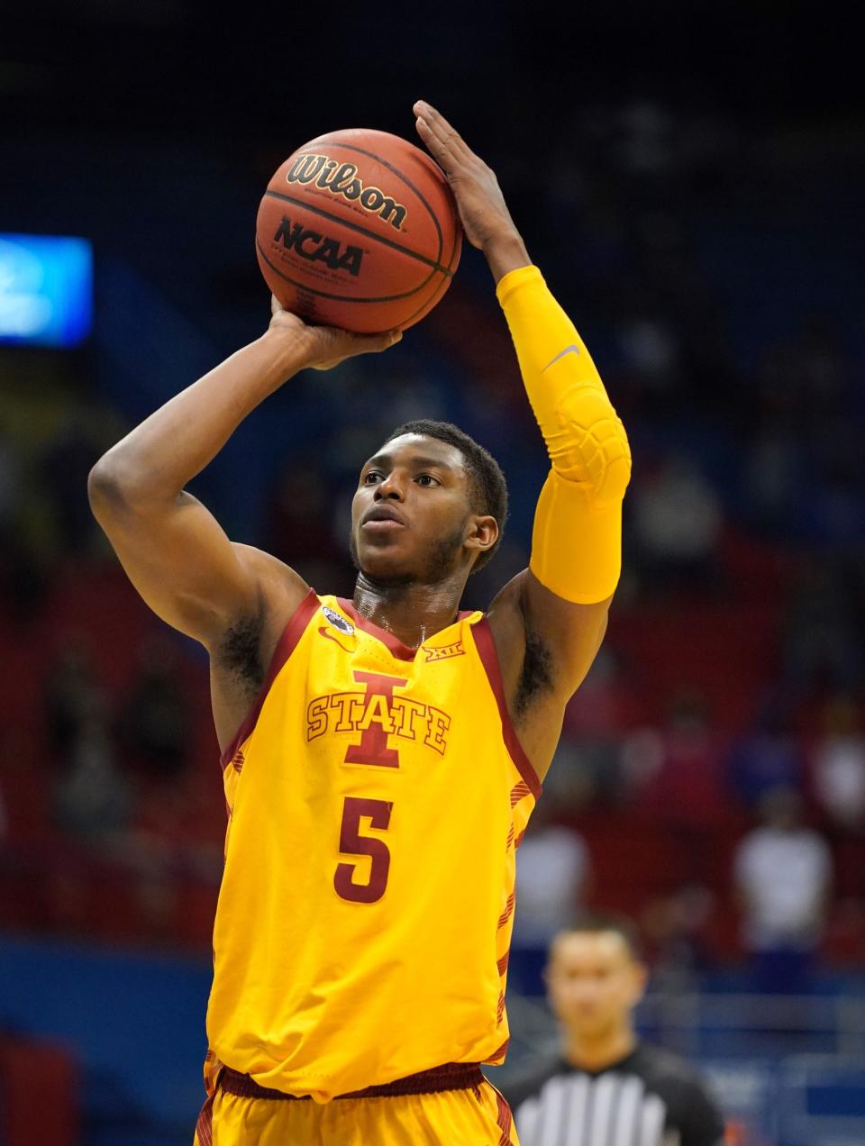 Feb 11, 2021; Lawrence, Kansas, USA; Iowa State Cyclones guard Jalen Coleman-Lands (5) shoots a free throw against the Kansas Jayhawks during the second half at Allen Fieldhouse. Mandatory Credit: Denny Medley-USA TODAY Sports