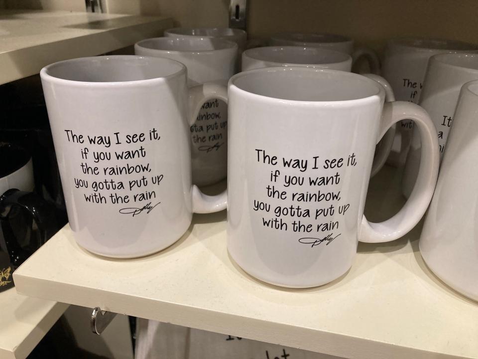 Dolly Parton mugs for sale at the Dollywood DreamMore Resort.