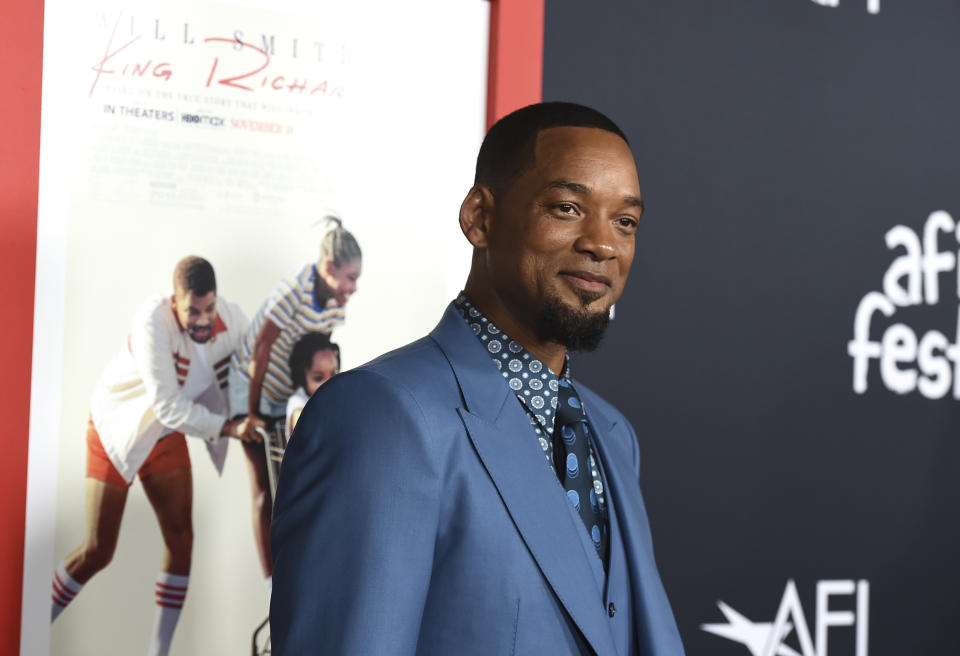 FILE - Will Smith arrives at the premiere of "King Richard" during the American Film Fest on Sunday, Nov. 14, 2021, in Los Angeles. Smith turns 54 on Sept. 25. (Photo by Jordan Strauss/Invision/AP, File)