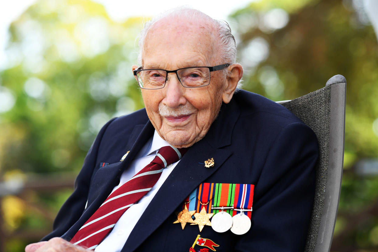 Captain Sir Tom Moore smiles as he launches his autobiography book 'Tomorrow will be a Good Day' at his home in Milton Keynes, Britain September 17, 2020. REUTERS/Dylan Martinez