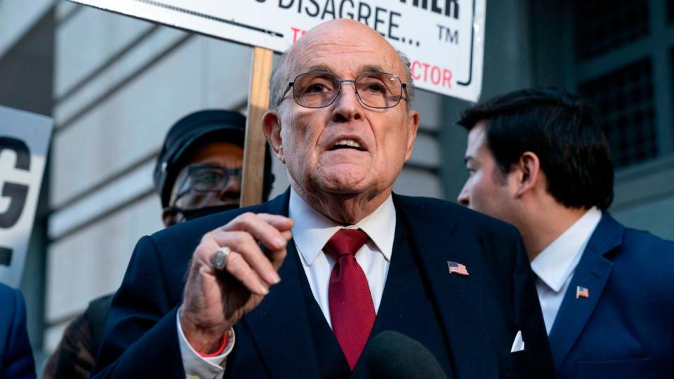 PHOTO: Former Mayor of New York Rudy Giuliani speaks during a news conference outside the federal courthouse in Washington, D.C., Dec. 15, 2023.  (Jose Luis Magana/AP, FILE)
