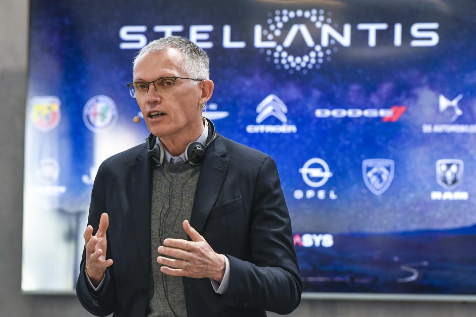 FILE - Stellantis CEO Carlos Tavares speaks during a news conference following a meeting with unions, in Turin, Italy, Thursday, March 31, 2022. Italian Premier Giorgia Meloni slammed carmaker Stellantis in parliament this week, accusing it of weakening Italy’s industrial footprint since the merger of FiatChrysler and PSA Peugeot that created the world’s fourth largest auto maker. (Fabio Ferrari/LaPresse via AP, File)