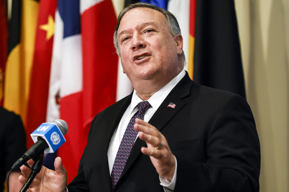 Secretary of State Mike Pompeo speaks to reporters following a meeting with members of the U.N. Security Council, Thursday, Aug. 20, 2020, at the United Nations. The Trump administration has formally notified the United Nations of its demand for all U.N. sanctions on Iran to be restored, citing significant Iranian violations of the 2015 nuclear deal. (Mike Segar/Pool via AP)