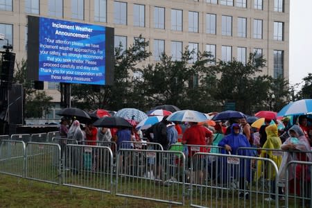 A sign warning of bad weather is pictured during a rally for U.S. President Donald Trump at the Amway Center in Orlando