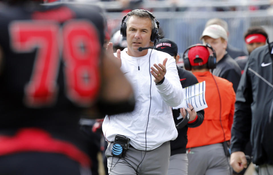 FILE - In this Saturday, Nov. 3, 2018, file photo, Ohio State head coach Urban Meyer watches his team play against Nebraska during an NCAA college football game, in Columbus, Ohio. Meyer hates having to defend the performance of his ninth-ranked Buckeyes, who still have a shot at winning the Big Ten and the national championship heading into their game at Maryland. (AP Photo/Jay LaPrete, File)