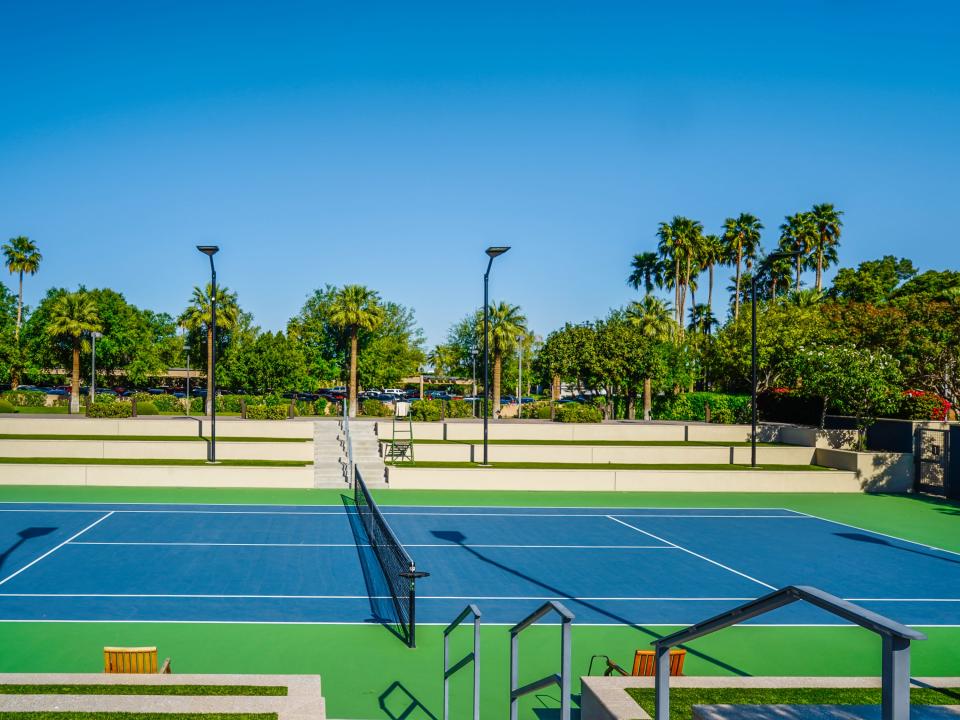 A green and blue tennis court surrounded by palm trees with clear, blue skies in the background