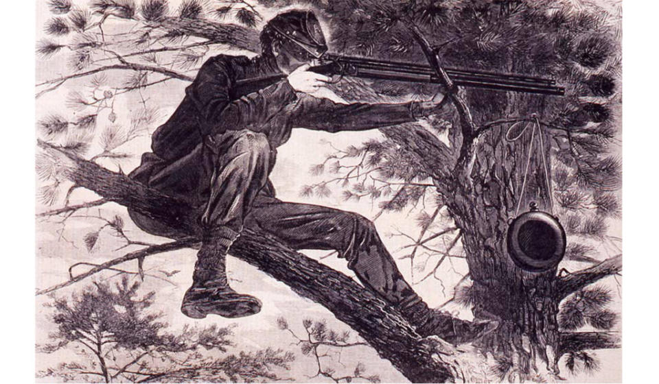 <i>The Army of the Potomac – A Sharp-Shooter on Picket Duty</i>, from <i>Harper’s Weekly</i>, November 15, 1862, by Winslow Homer. Wood engraving on wove paper.