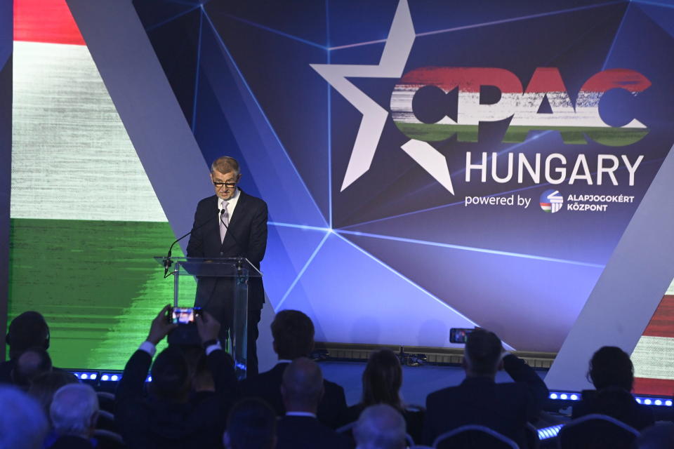 FILE - Former Czech Prime Minister Andrej Babis addresses the opening session of Hungary Conservative Political Action Conference Hungary in Budapest, Hungary, on May 4, 2023. Hungarian Prime Minister Viktor Orbán has presented a new alliance with Austria’s far-right Freedom Party and the main Czech opposition party, which hopes to attract other partners and become the biggest right-wing group in the European Parliament. Orbán traveled to Vienna Sunday, June 30, 2024, to present the “Patriots for Europe” alliance of his Fidesz party with the Freedom Party and former Czech Prime Minister Andrej Babiš’s ANO party — a day before Hungary takes over the European Union’s rotating presidency for six months. (Szilard Koszticsak/MTI via AP)