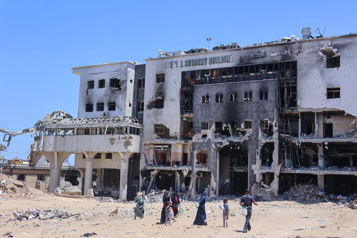 The medical facility, the largest in the Gaza Strip, was reduced to rubble after an Israeli operation in March, the WHO said.  (Oman Al-Qatta / AFP - Getty Images)