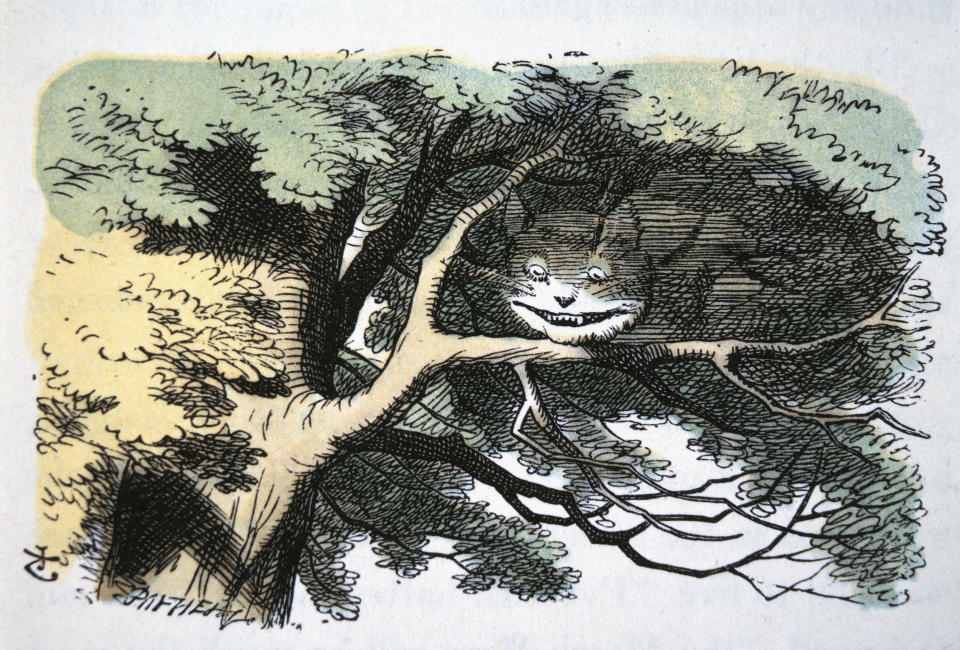 Cheshire Cat, Alice's Adventure in Wonderland by Lewis Carroll, Hand Colored Illustration, Circa 1865. (Photo by: Universal History Archive/Universal Images Group via Getty Images)