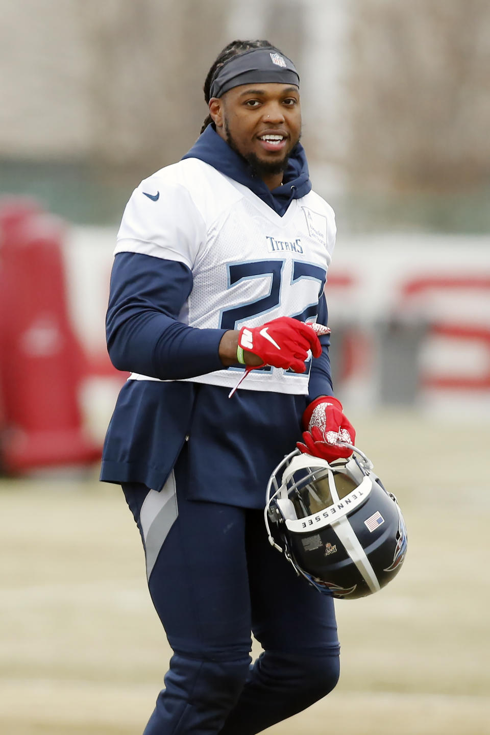 Tennessee Titans running back Derrick Henry runs to a drill during an NFL football practice Friday, Jan. 17, 2020, in Nashville, Tenn. The Titans are scheduled to face the Kansas City Chiefs in the AFC Championship game Sunday. (AP Photo/Mark Humphrey)