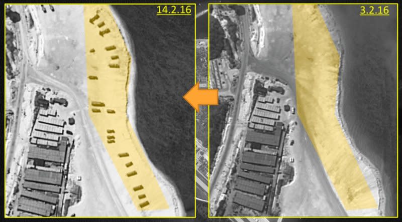 中國在西沙群島的永興島（Woody Island）部署飛彈，此為2月14日（左）與2月3日（右）的衛星空拍比較圖。（美聯社）
