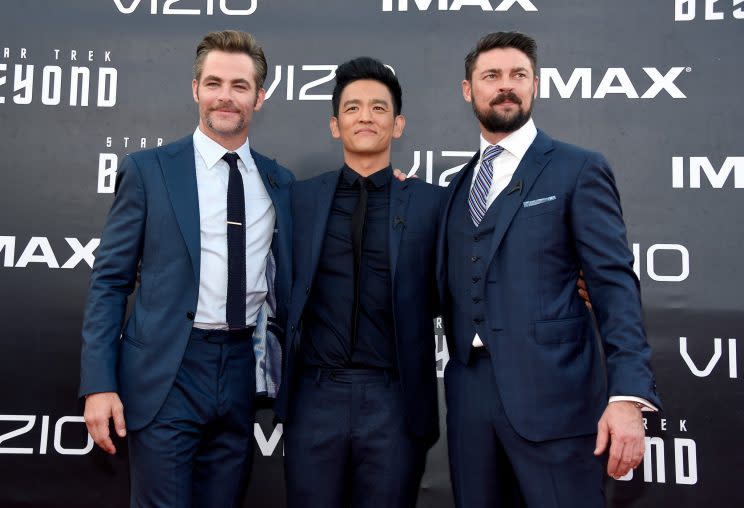  Chris Pine, John Cho, and Karl Urban wore shades of blue to the "Star Trek Beyond" premiere at Comic-Con.