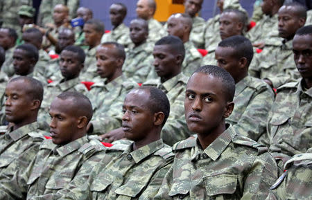 FILE PHOTO: Somali soldiers attend a training session during the opening ceremony of a Turkish military base in Mogadishu, Somalia, September 30, 2017 REUTERS/Feisal Omar/File Photo